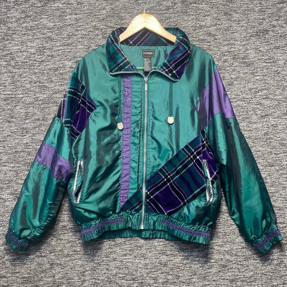 Vintage Outbrook Windbreaker Jacket Womens L Large Teal Purple Plaid Colorblock